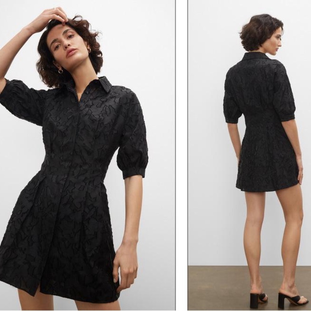 Club Monaco Black Floral Jacquard Mini Dress with Puffed Sleeves
